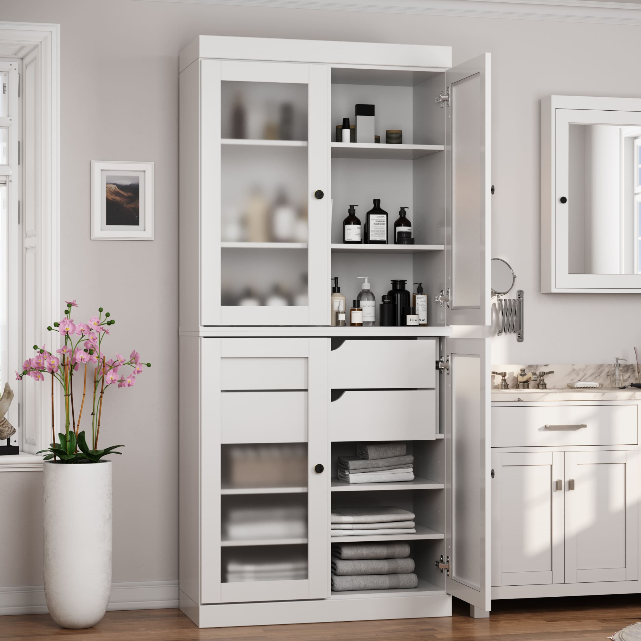 Palace Imports 100% Solid Wood Short Frosted Glass Bathroom Storage Cabinet with 2 Drawers, 32" W x 35.75" H