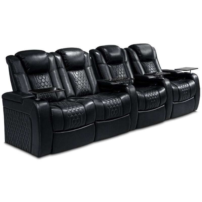Roomfitters 124.4" Power Recliner 4-Piece Set, Top-Grain Nappa Leather, 23-Color RGB LED & USB-C Charging, Black