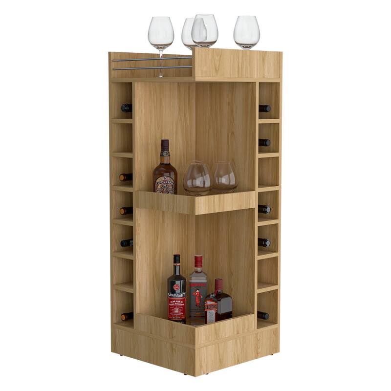 FM FURNITURE Lamer Corner Bar Cabinet with Wine Rack and Open Shelf, Natural Oak