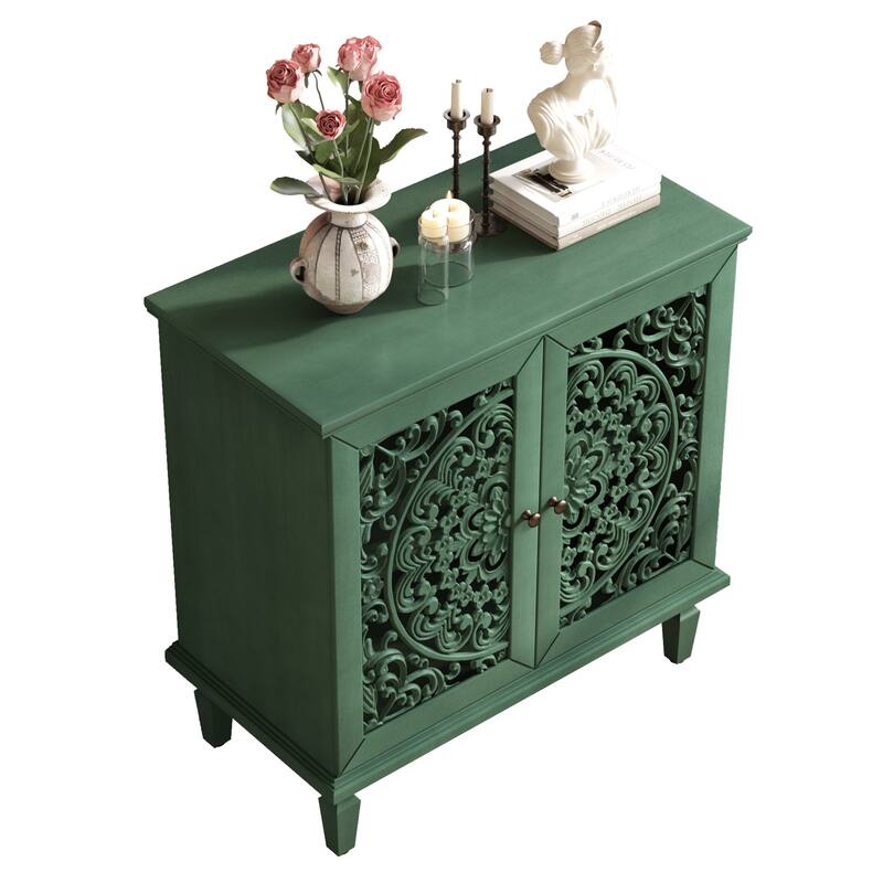 Roomfitters 2-Door Hollow-Carved Accent Cabinet, Symmetrical Floral Sideboard with Adjustable Shelf