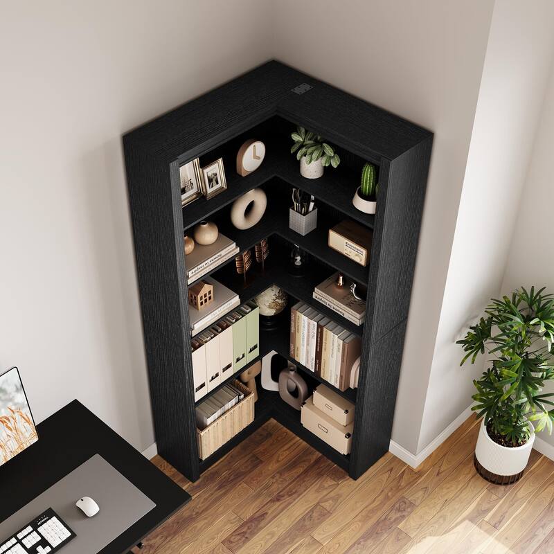 71.8" Tall Corner Bookshelf, 5-Tier L-Shaped Corner Bookcase, Modern Industrial Wood Display Storage Shelves for Living Room