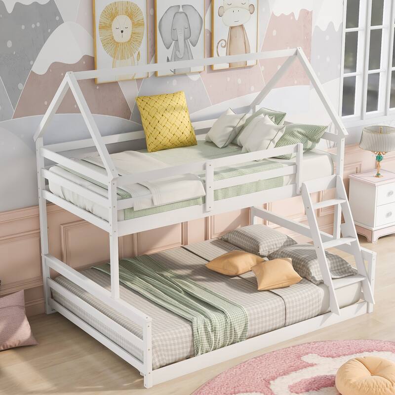 White Twin Size Pine Wood House Design Bunk Bed with Built-in Ladder and Guardrail, Converts to Separate Beds