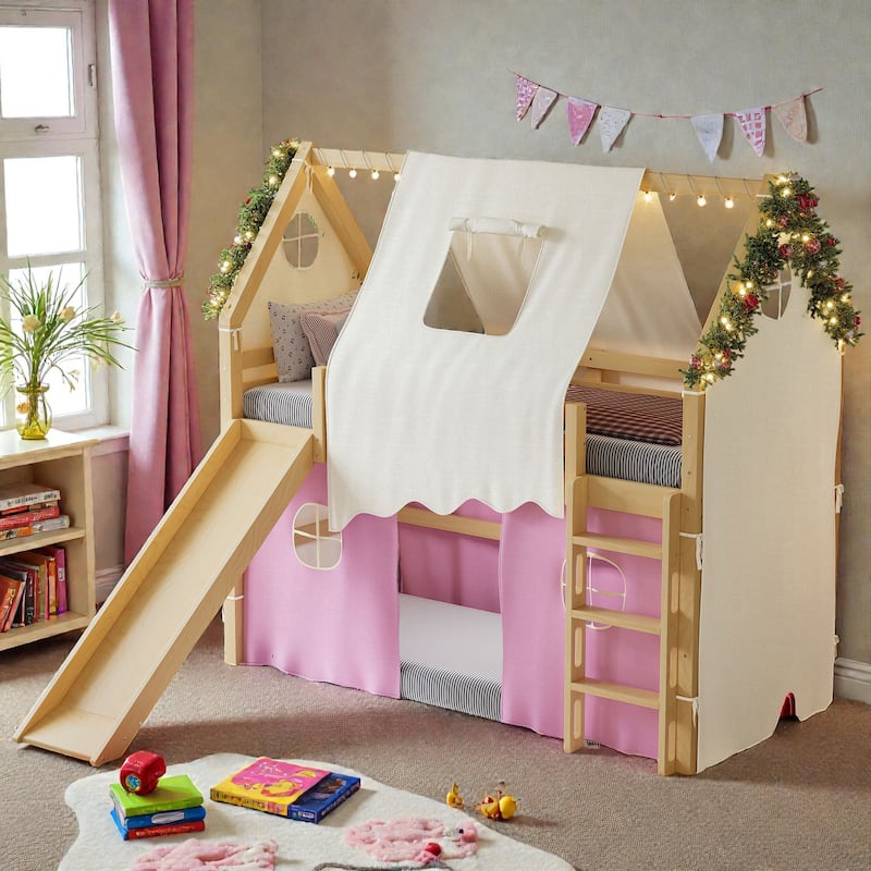 House Loft Bed with Slide & Tent, Solid Wood Kids Bed w/ Ladder, Guardrails, Playhouse Design, No Box Spring Needed - Natural Pink - Twin