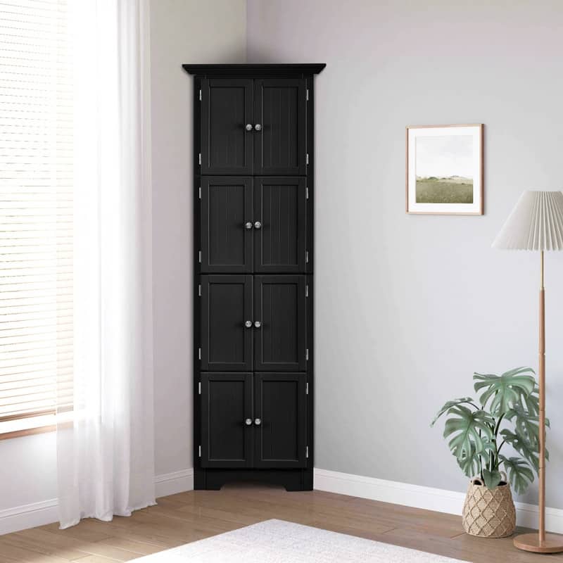 Bathroom Tall Corner Storage Cabinet, Floor Display Storage Cabinet with 8 Doors and 4 Shelves for Bathroom, Living Room - Black