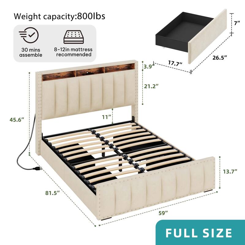 Full / Queen / King Size Platform Bed Frame with Upholstered Storage Headboard and 4 Drawers - Beige - Full