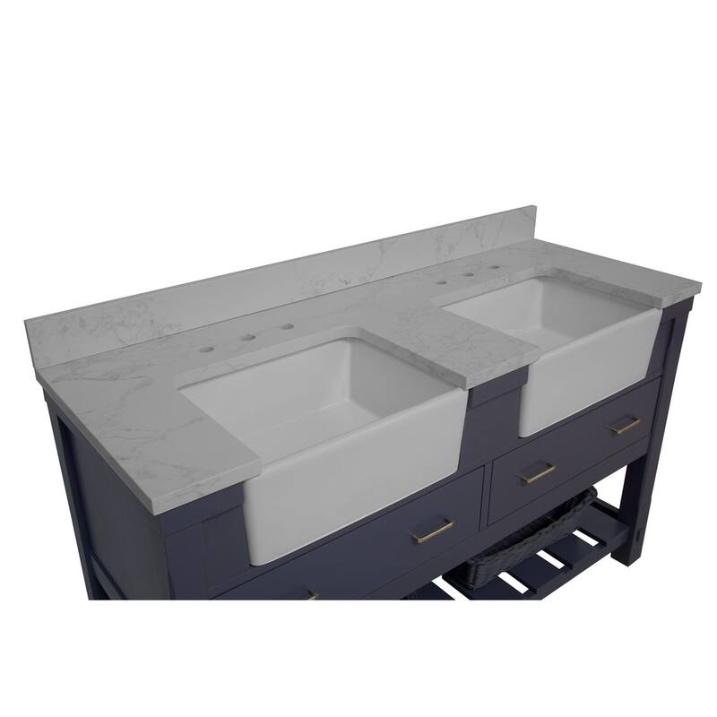 KitchenBathCollection Charlotte 60" Double Farmhouse Bathroom Vanity with Engineered Carrara Top