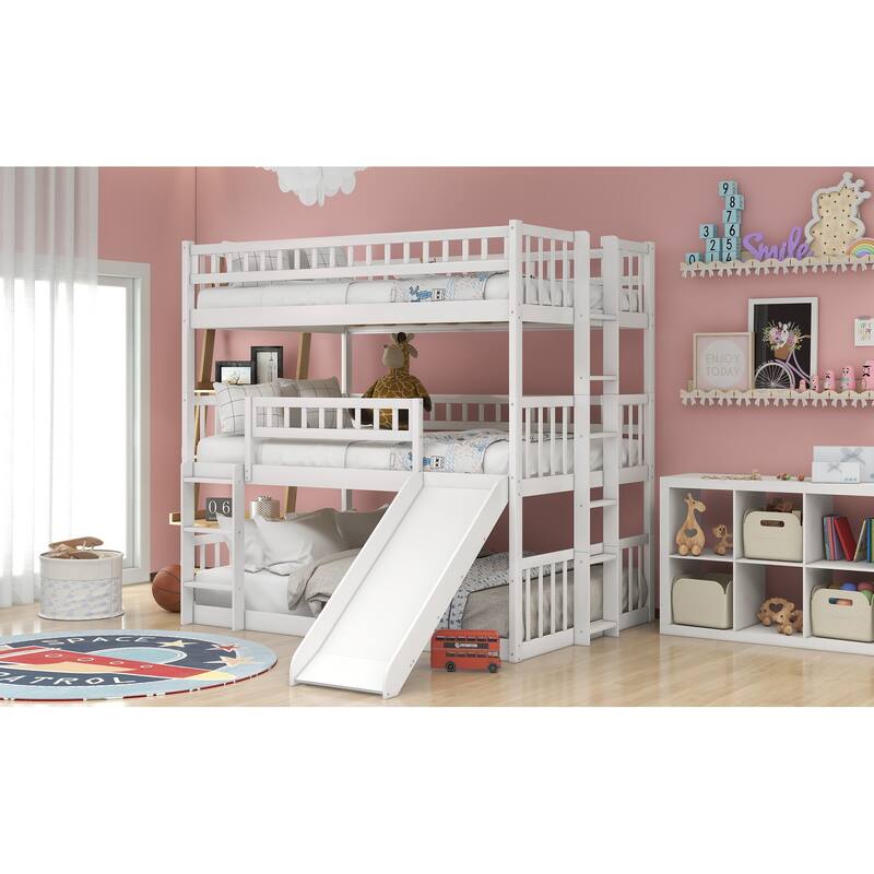 White Triple Bunk Bed with Built-in Ladder and Slide, Full-Over-Full-Over-Full Design with Guardrails