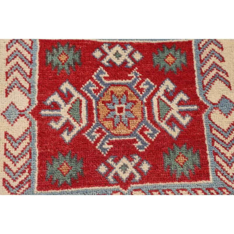 Ivory Geometric Kazak Accent Rug Hand-Knotted Wool Carpet - 2'7" x 4'3"