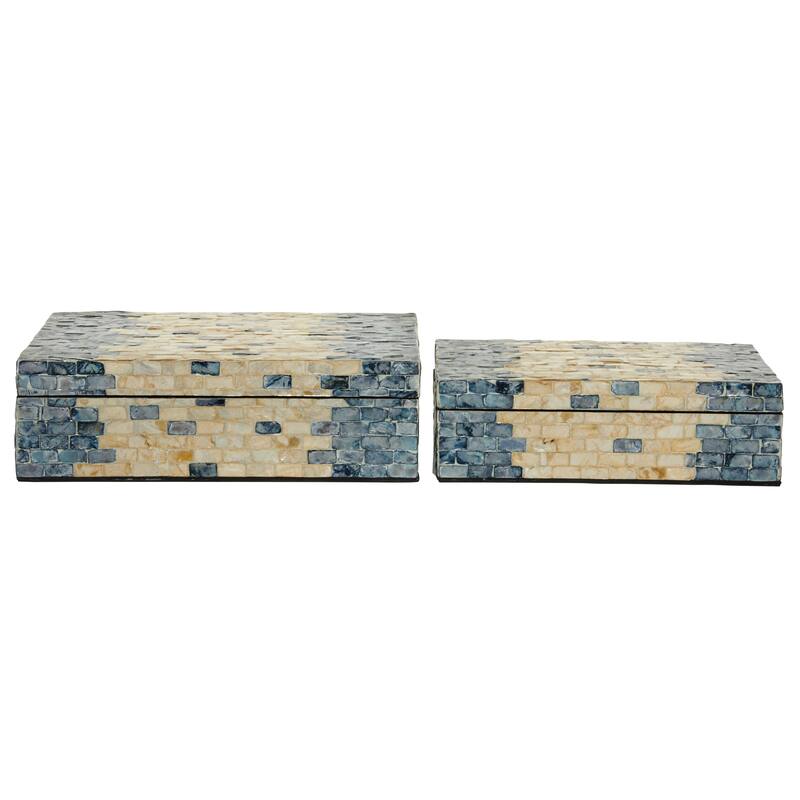 Blue Mother of Pearl Shell Handmade Decorative Box with Hinged Lid (Set of 2)