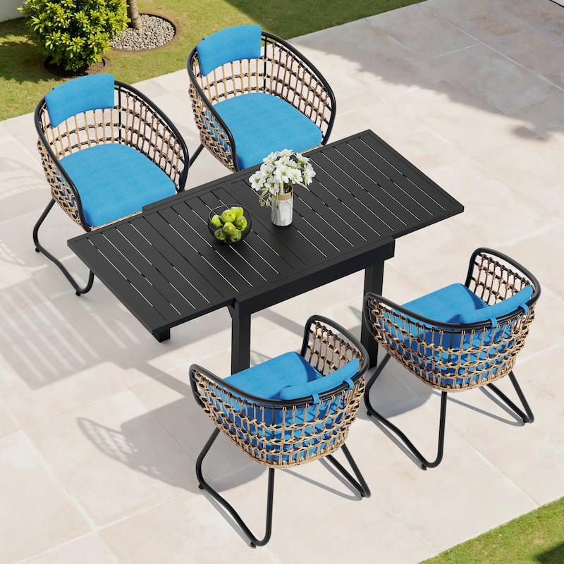 5/7/11-Piece Set Outdoor Aluminum Extendable Patio Dining Table Set with Rattan Chairs - Blue - 63 in Table - 5pcs Set