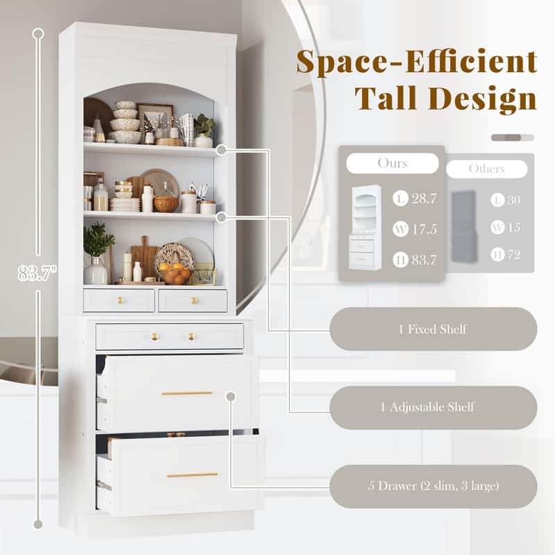 Modern 83.7-Inch Freestanding Kitchen Pantry Set of 2 - Faux Marble Top Cabinets with 5 Drawers & Adjustable Shelves‌