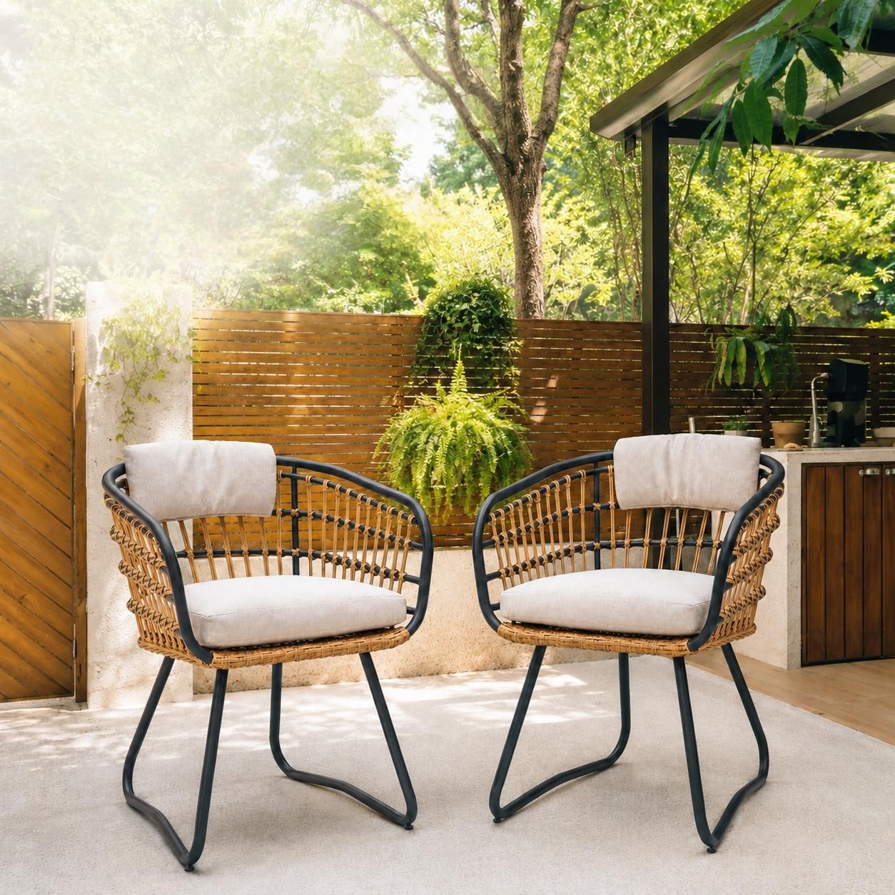 Outdoor Wicker Dining Chairs Set of 2 with Cushions, Rattan Reception Chair Armchair Reading Chair Leisure Chair