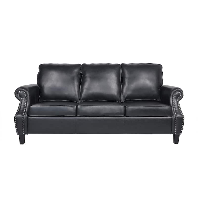 Roomfitters 3 Seater Classic Faux Leather Sofa with Rolled Arms and Nailhead Trim for Living Room or Study