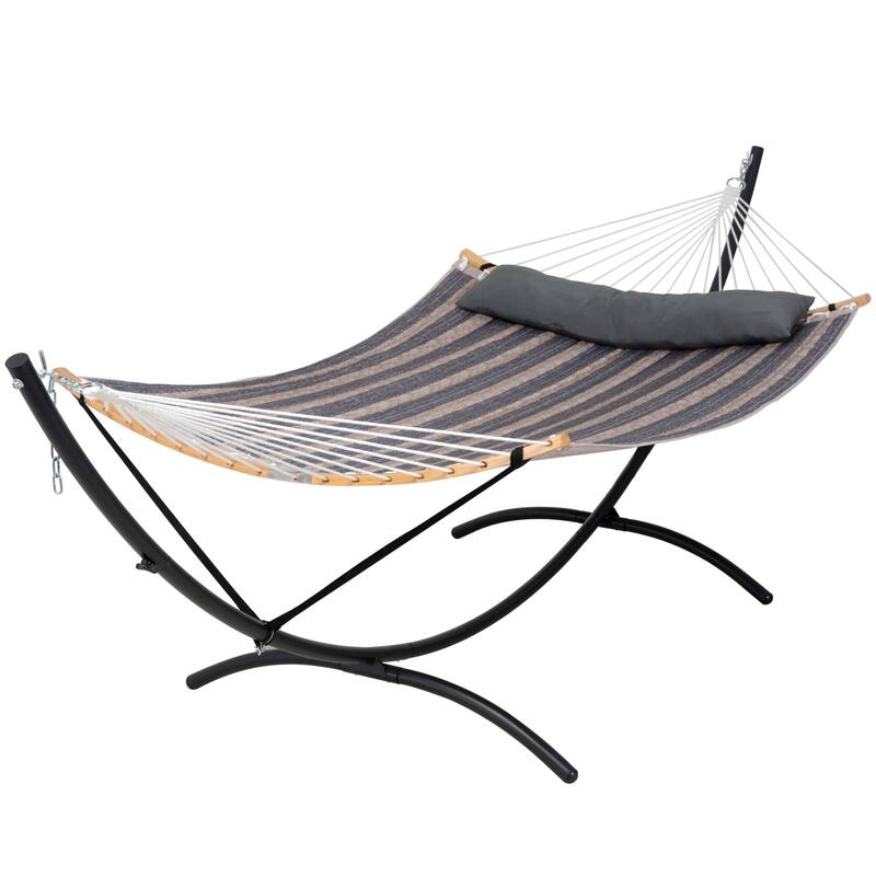 Portable Freestanding Hammock with Curved Stand for Outside - Gray Stripes