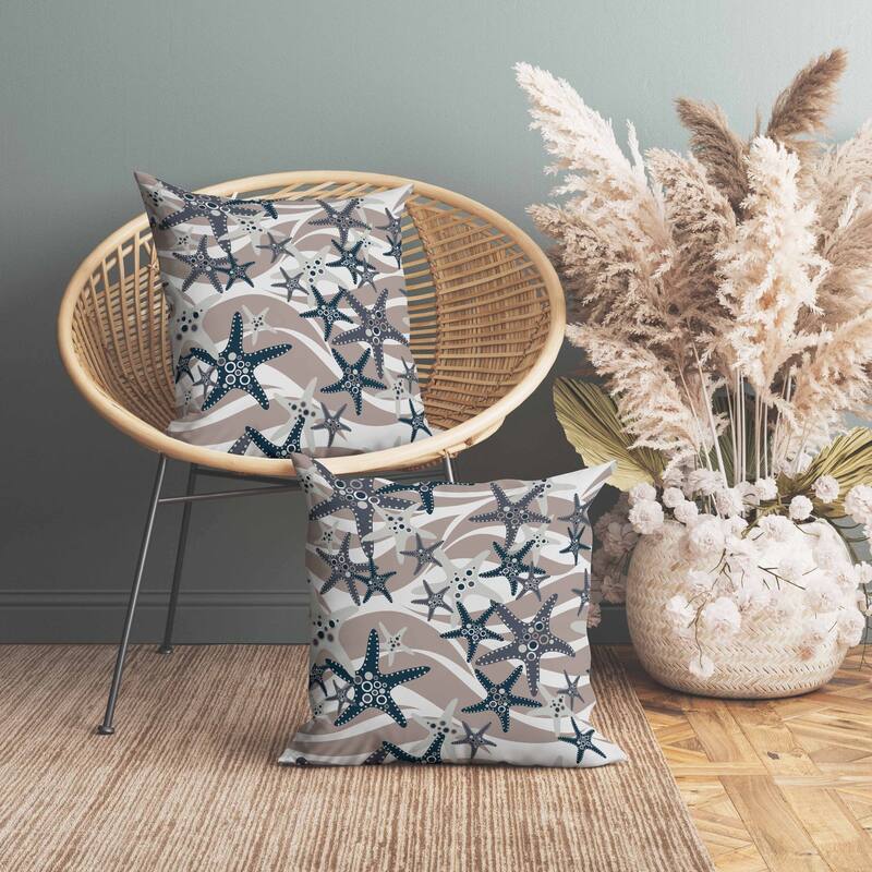 Starfish Sway Indoor/Outdoor Reversible Throw Pillow White and Gray