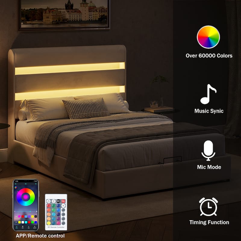 LED Storage Bed with Velvet Upholstery Headboard & Footboard, Beige Full