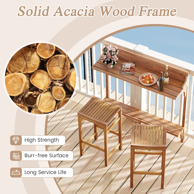 Outdoor 3-Piece Acacia Wood Bar Table Set with Footrest and Curved Seat - 48" L x 15" W x 48" H