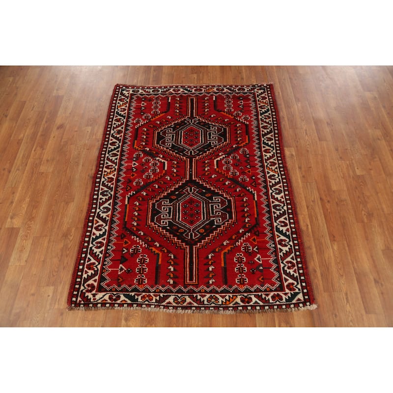 Hand Knotted Oriental 100% Wool Carpet Traditional Tribal Red Shiraz Area Rug - 4' 10'' X 3' 7''