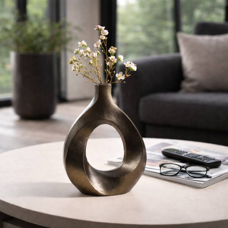 Artistic Metal Swirl Vase with Cut Out Center - Sculptural Flower Vase