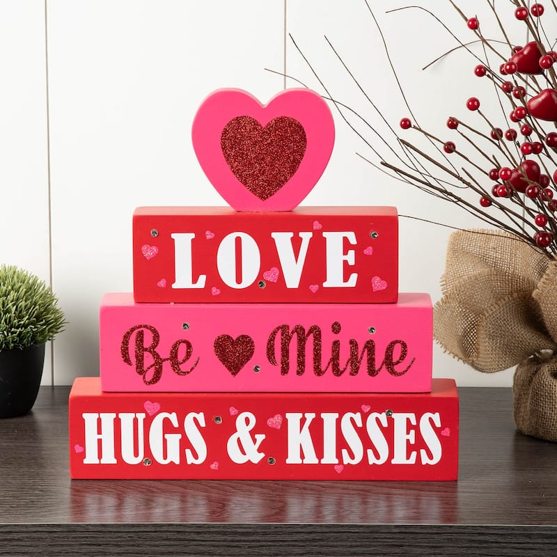 Glitzhome Valentines LED Wooden Block Love Table Decor
