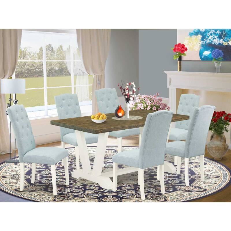 HomeStock 7-Piece Natural Oak Finish Solid Wood Top Dining Table with 6 Chairs