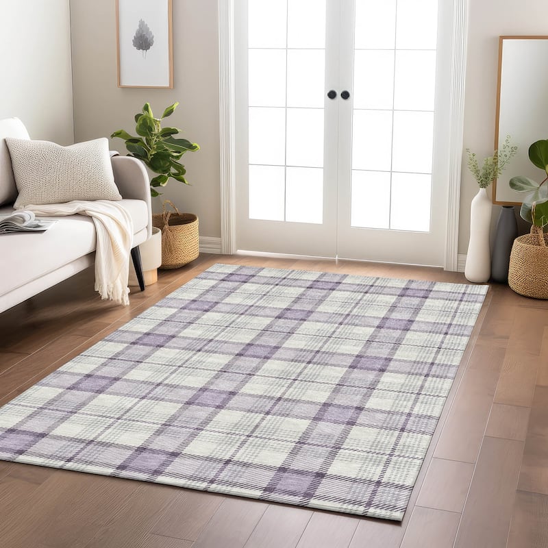 Machine Washable Indoor/ Outdoor Casual Plaid Chantille Rug