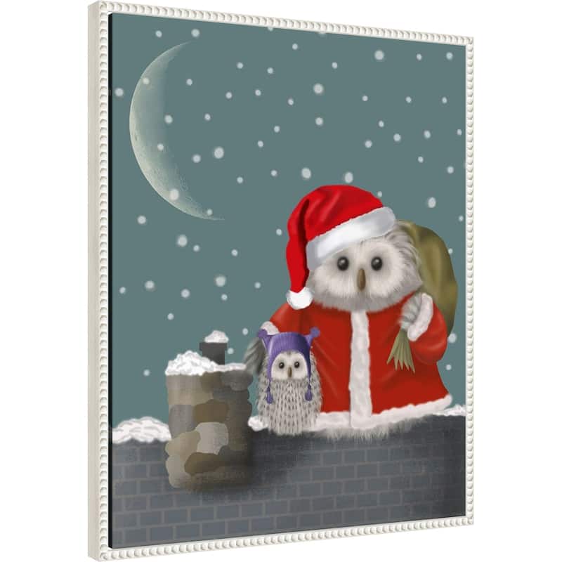 Christmas Santa Owl by Fab Funky (23 x 28 in.), Framed Canvas Wall Art Print - Sylvie Beaded White