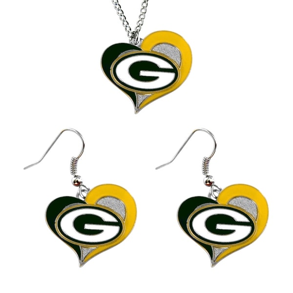 aminco NCAA Green Bay Packers Swirl Heart Pendant Sports Team Logo Necklace and Earring Charm Pendant Gift Set