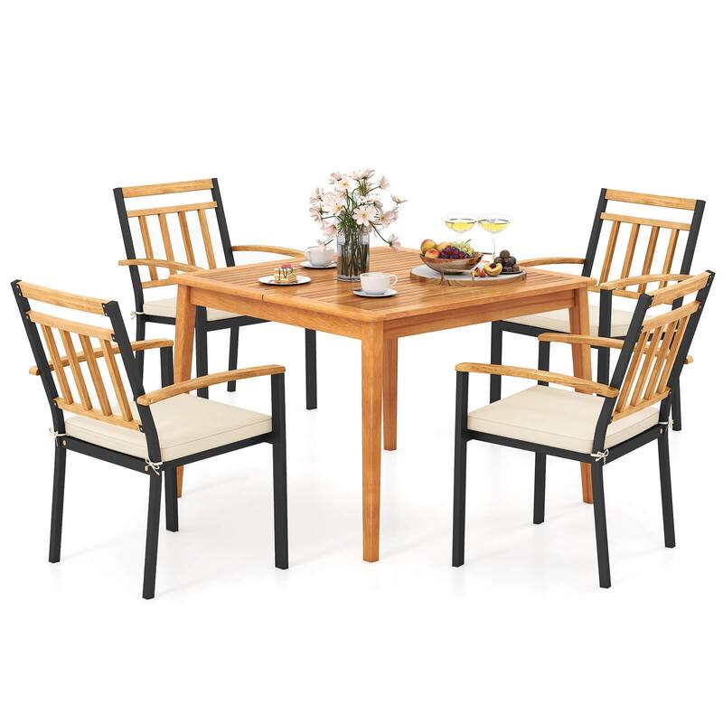 Costway 5 PCS Patio Acacia Wood Dining Set with Soft Seat Cushions