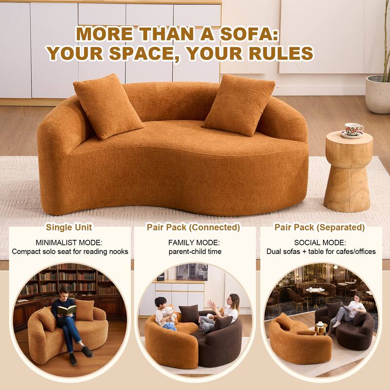 Yin-Yang Design Single Chaise Couch S-curved Chenille Sofa, Purchase 2pc for Combination into Tai Chi Round Sleeper Sofa Bed