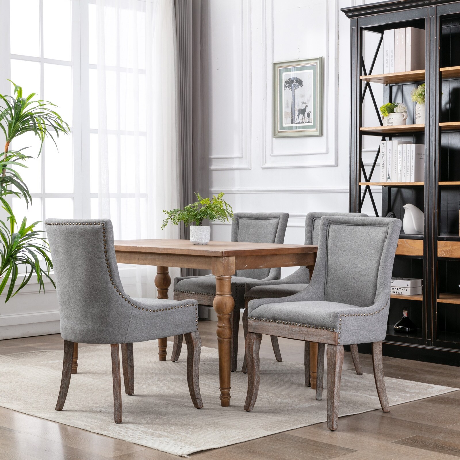 Ultra Side Dining Chair,Thickened fabric chairs with neutrally toned solid wood legs, Bronze nail head,Set of 2