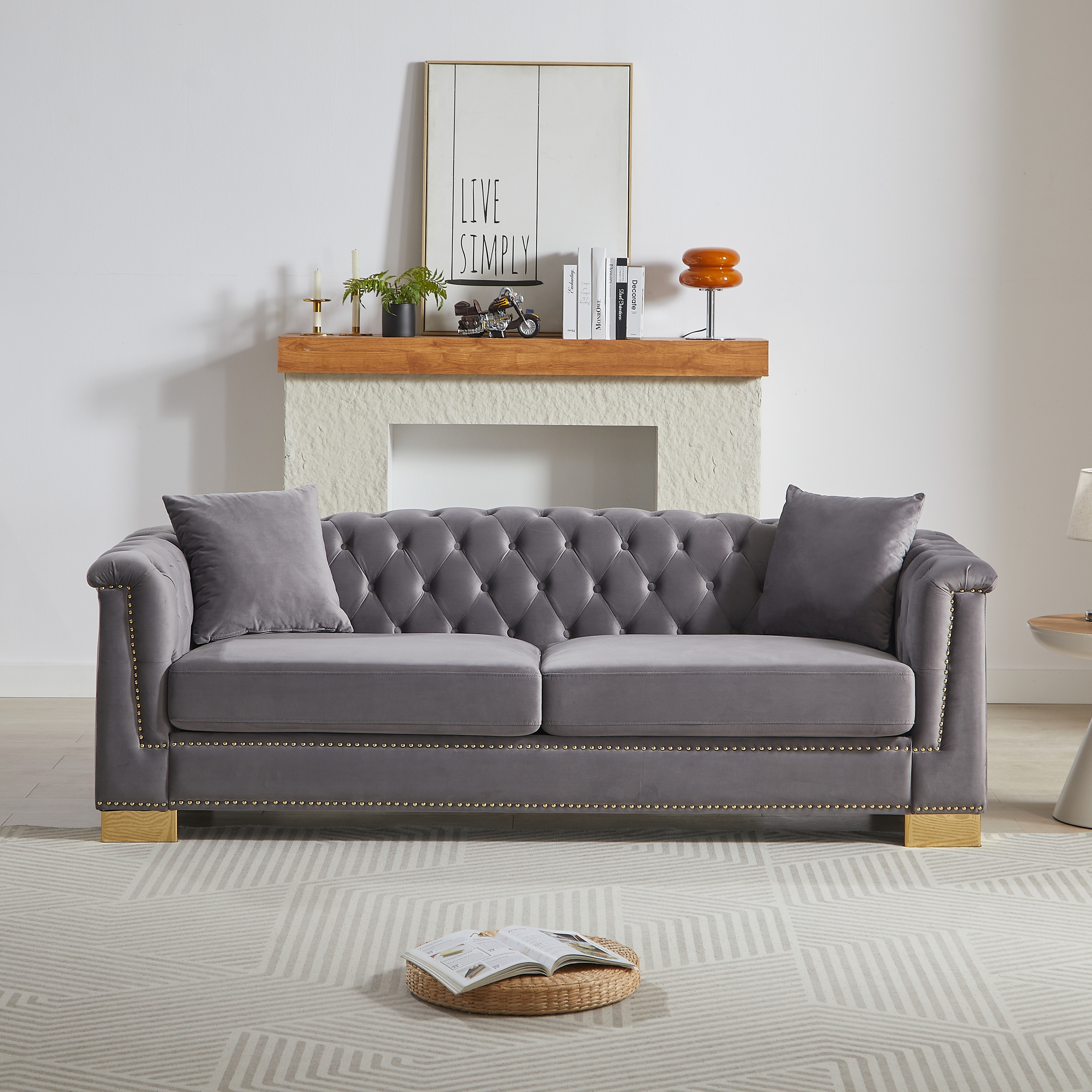GDFStudio - 84" 3-Seat Cloud Velvet Chesterfield Sofa with Rolled Arms & Tasseled Decor