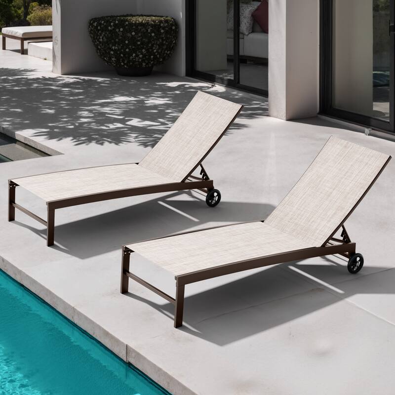 Outdoor Patio Aluminum 5-Position Adjustable Chaise lounge Chairs with Wheels - Beige-2PC
