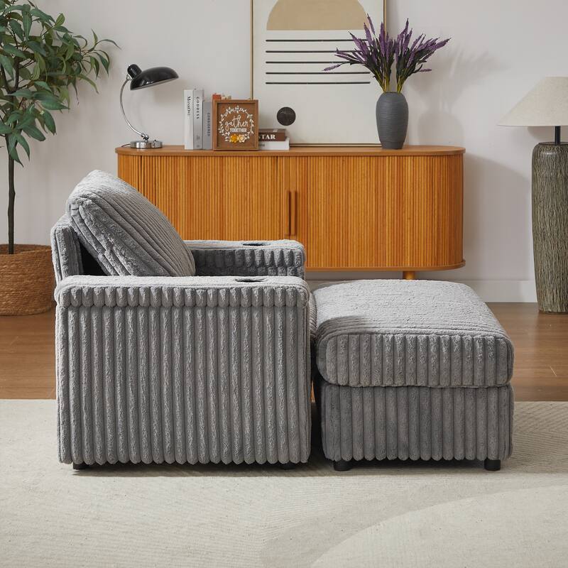 42.5-inch Corduroy single recliner with backrest pillow, cup holder design, storage footrest, comfortable sofa-deep-seated