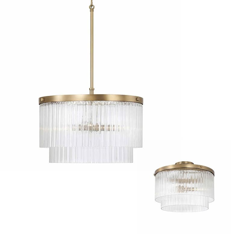 16" W x 11.5" H 3-Light Dual Mount Pendant with Clear Beveled Fluted Glass - 16"W x 11"H - Aged Brass