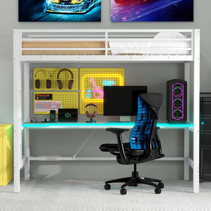 Twin Size Gaming Metal Loft Bed Frame with LED Light, USB Charge Station and Desk