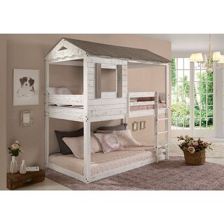 White Twin over Twin Solid Wood Bunk Bed with Roof and Ladder