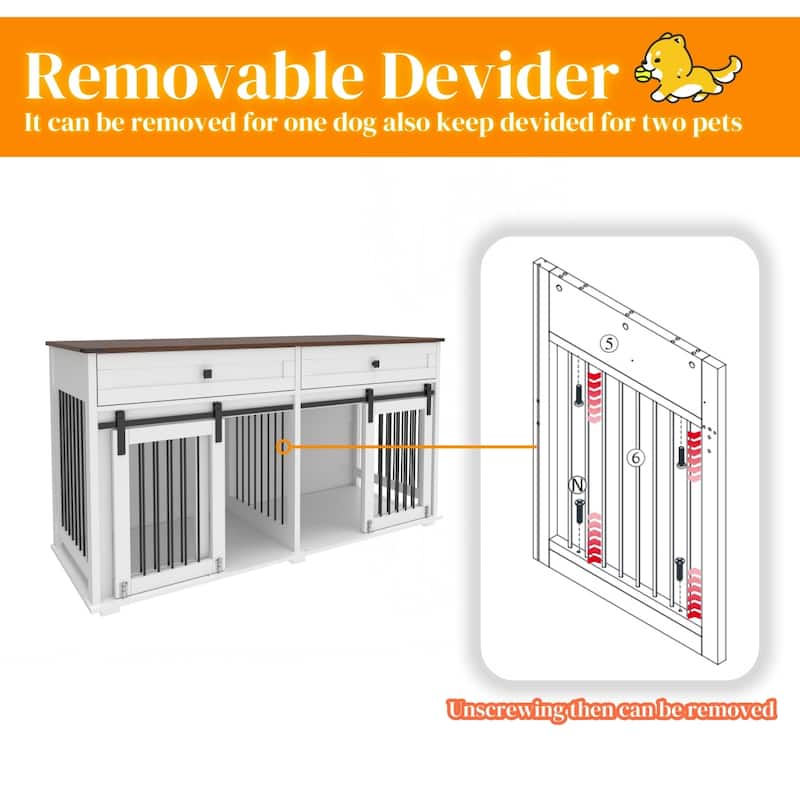 63"Large Dog Crate for Double Dog,Wooden Dog Kennel with 2 Drawers,Divider and Sliding Door,Water Resistant Indoor Pets