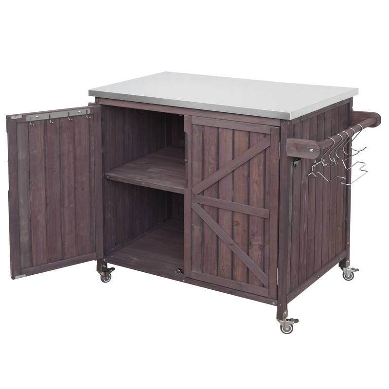 42.1" Outdoor Kitchen Island with Stainless Steel Top, Outdoor Grill Cart with Storage Cabinet and Adjustable Shelf