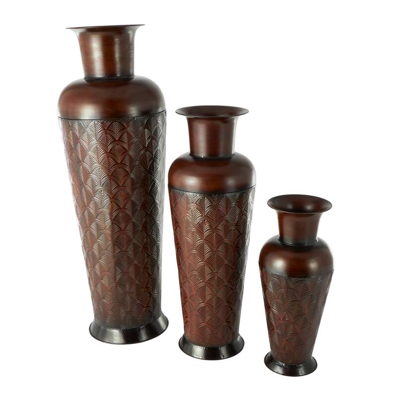 Dark Brown Metal Tall Vase with Geometric Designs (Set of 3)