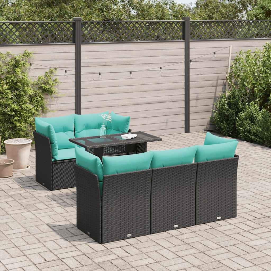 vidaXL 6 Piece Patio Sofa Set with Cushions Black Poly Rattan Acacia - 21.7 x 24.4 x 27.2
