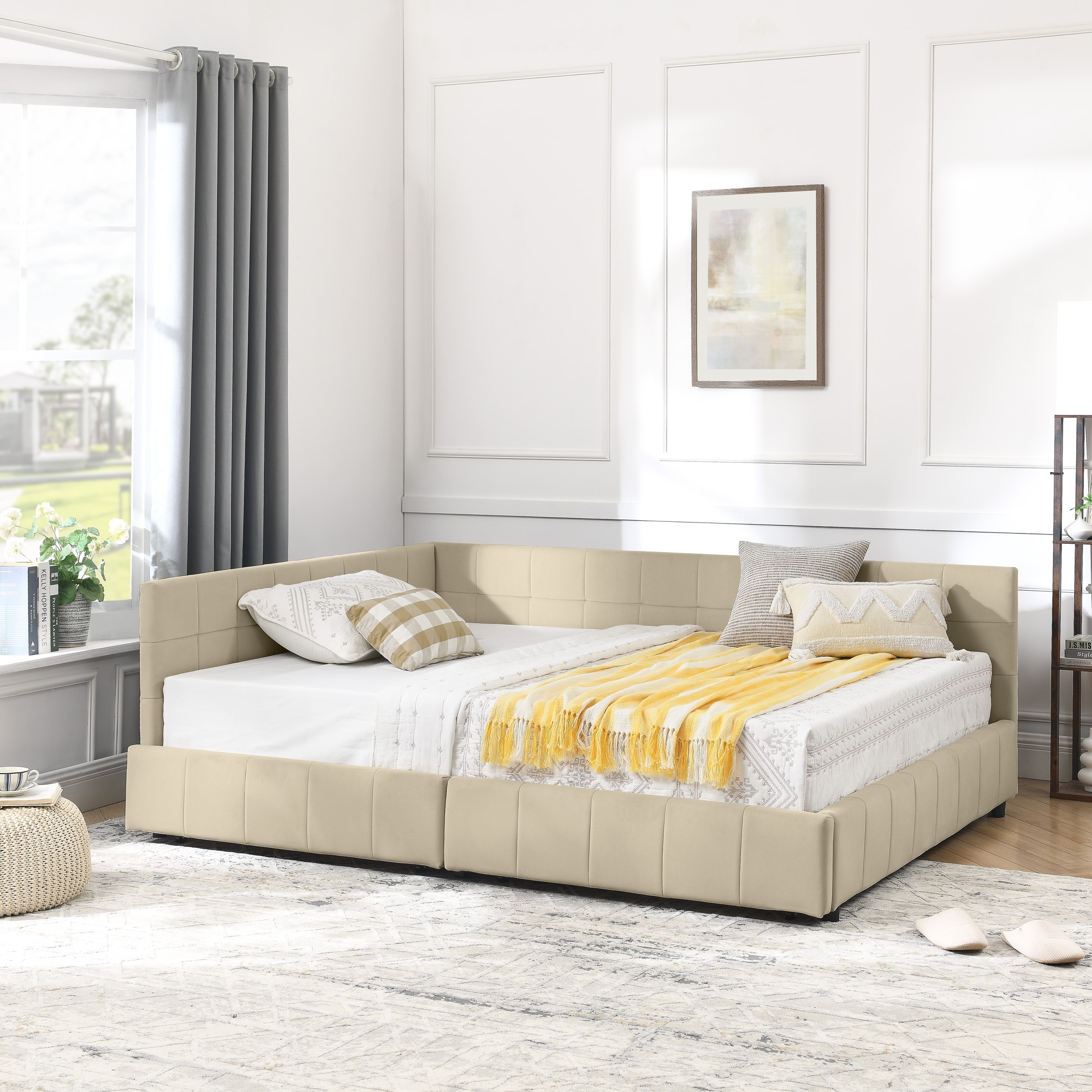 Mid-Century Storage Bed Frame with Velvet Upholstered Tufted Backrest, Armrests & Dual Drawers by GDFStudio