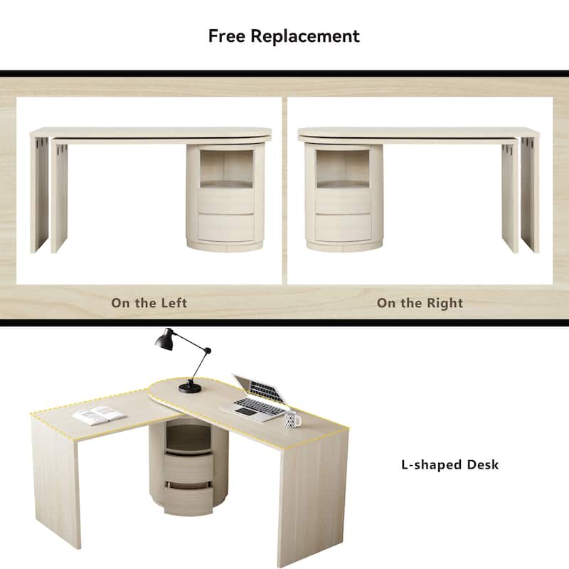 59"L Shaped Desk in Walnut with 2 Drawers,Open storage,360°Wood Rotating Desk,Executive Office Desk,Office Study Workstation