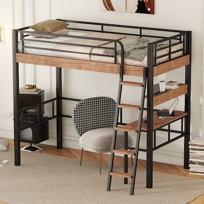 Metal Twin Loft Bed with Desk, Ladder, and Storage Shelf, Space-Saving Design