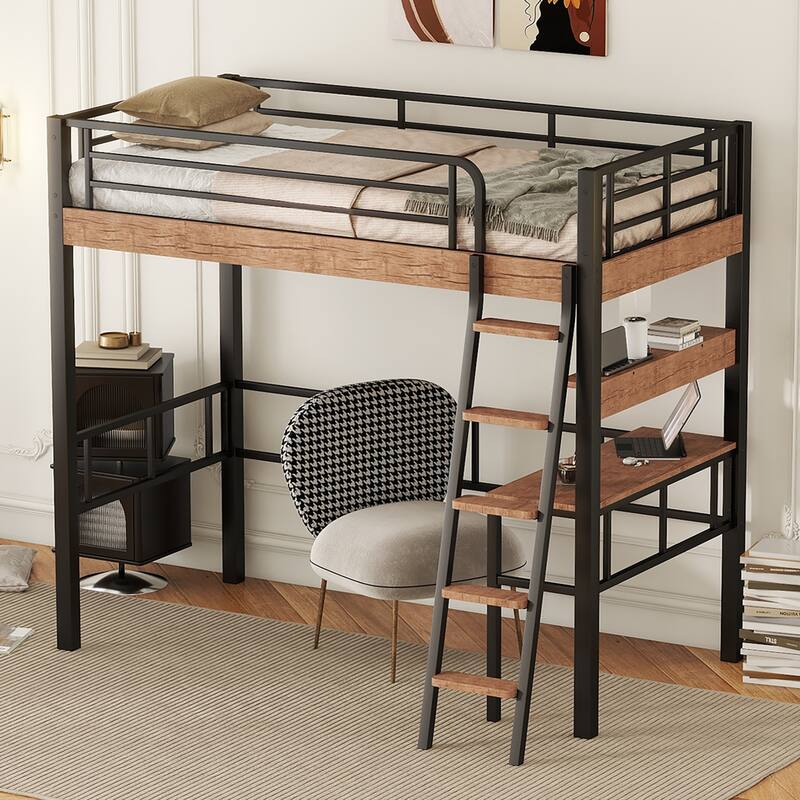 Metal Twin Size Loft Bed with Builtin Desk, Storage Shelf and Ladder