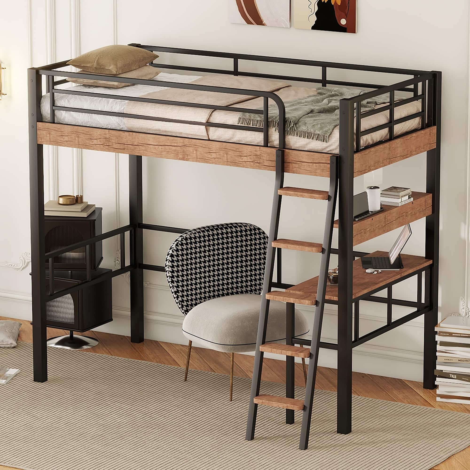 Retro Metal Loft Bed with Builtin Desk, Wood/Metal Structure Bed Frame