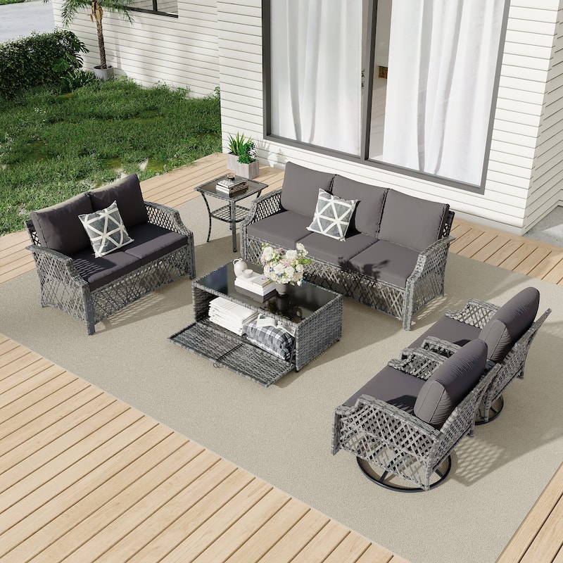 Outdoor Wicker Patio Set w Swivel Chairs & Sofa, Ottomans and Tables, Modular 3/5/6/7-Piece, All-Weather Conversation Set.