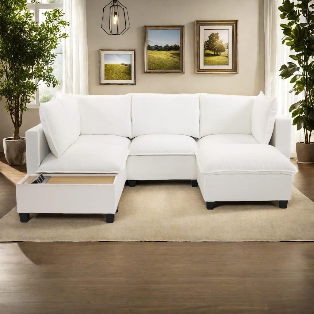 90" Chenille U-Shaped Sectional Sofa with Movable Ottoman, Coffee Table with Hidden Charging Devices, and Free Configurations