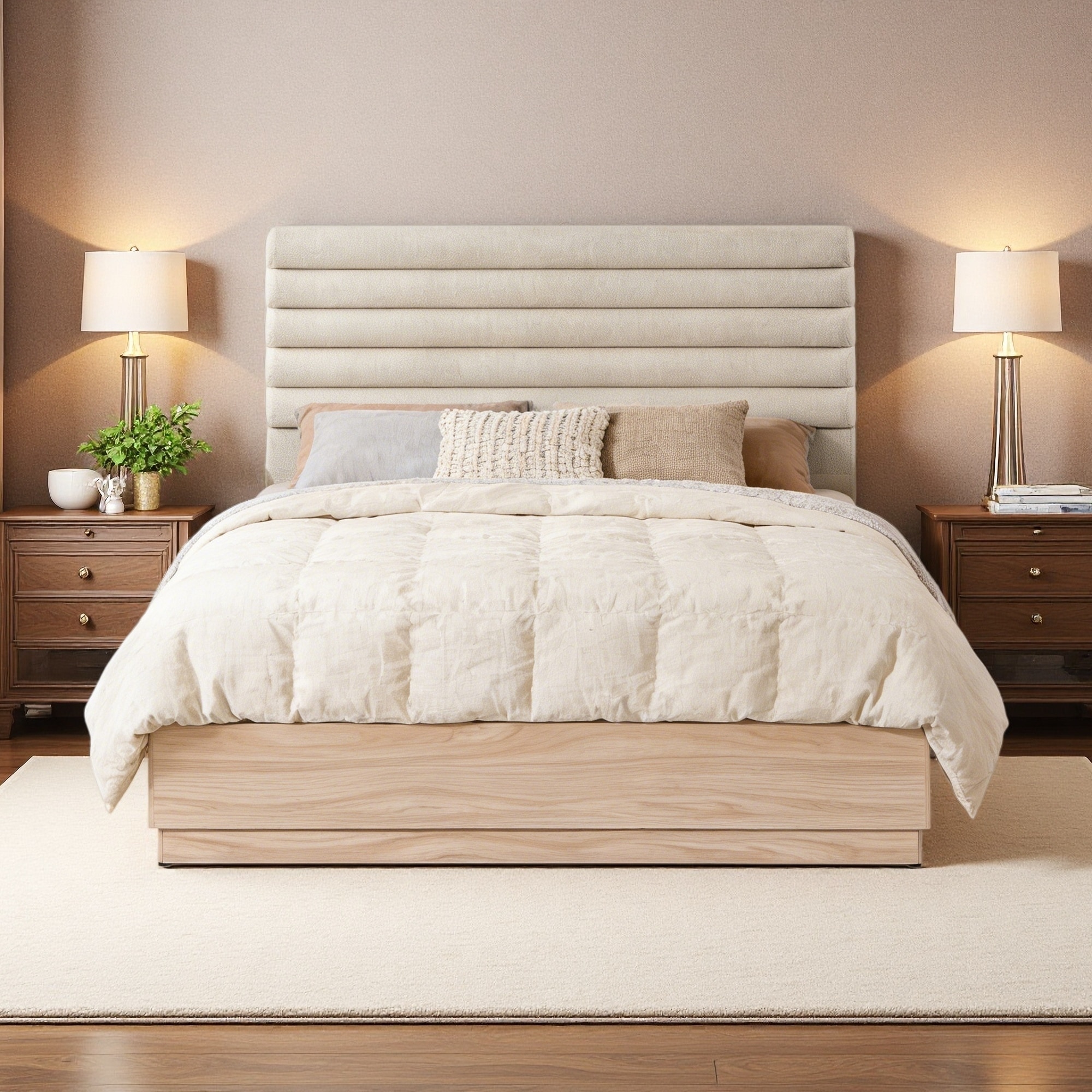 Queen Size Wood Panel Bed with Upholstered Headboard, and No Box Spring Needed