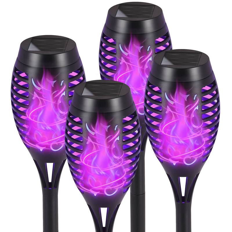 Mini Solar Torches Lights with Flickering Flame Outdoor Waterproof for Pathway - 4 Pack - Purple